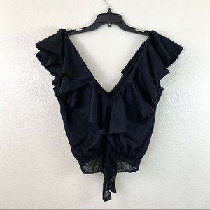 IORANE Ruffled Cotton Plunge Bodysuit Black S